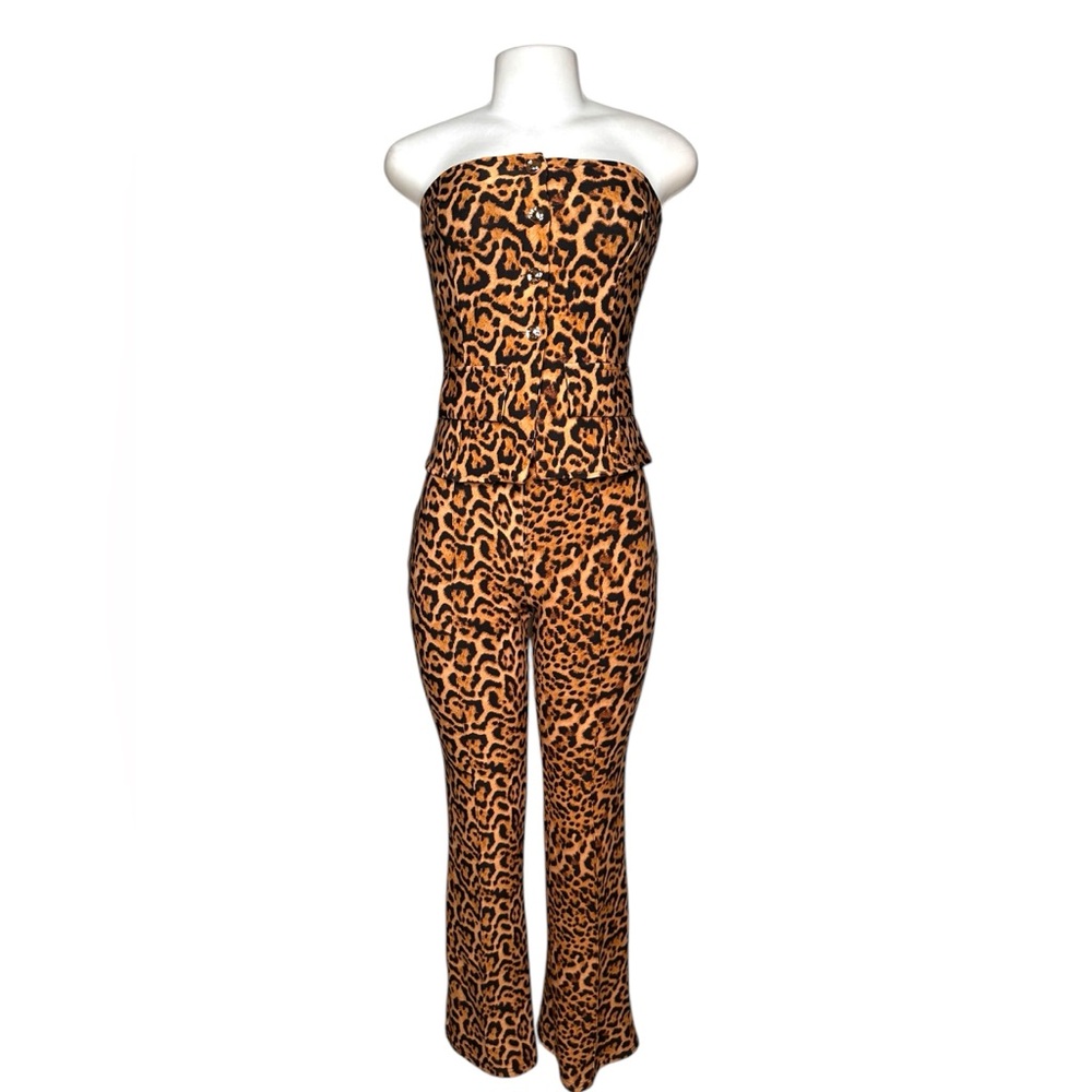 LovePoem by Block Leopard Print Two-Piece Set Strapless Top & Flared Pants Small